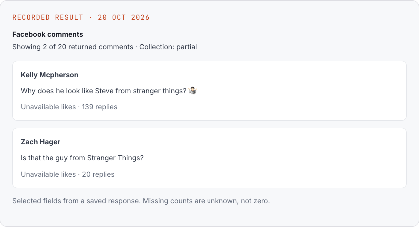 Screenshot of two recorded Facebook comment excerpts with their available like and reply counts