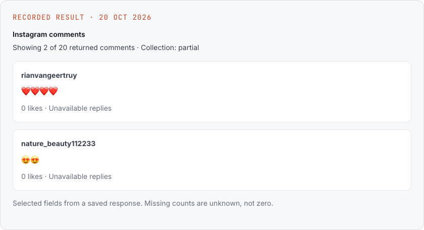 Screenshot of two recorded Instagram comment excerpts with their available like and reply counts
